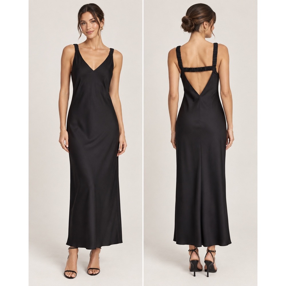 Showpo Black Satin Open Back Maxi Dress V-Neck Ruched Strap US 4